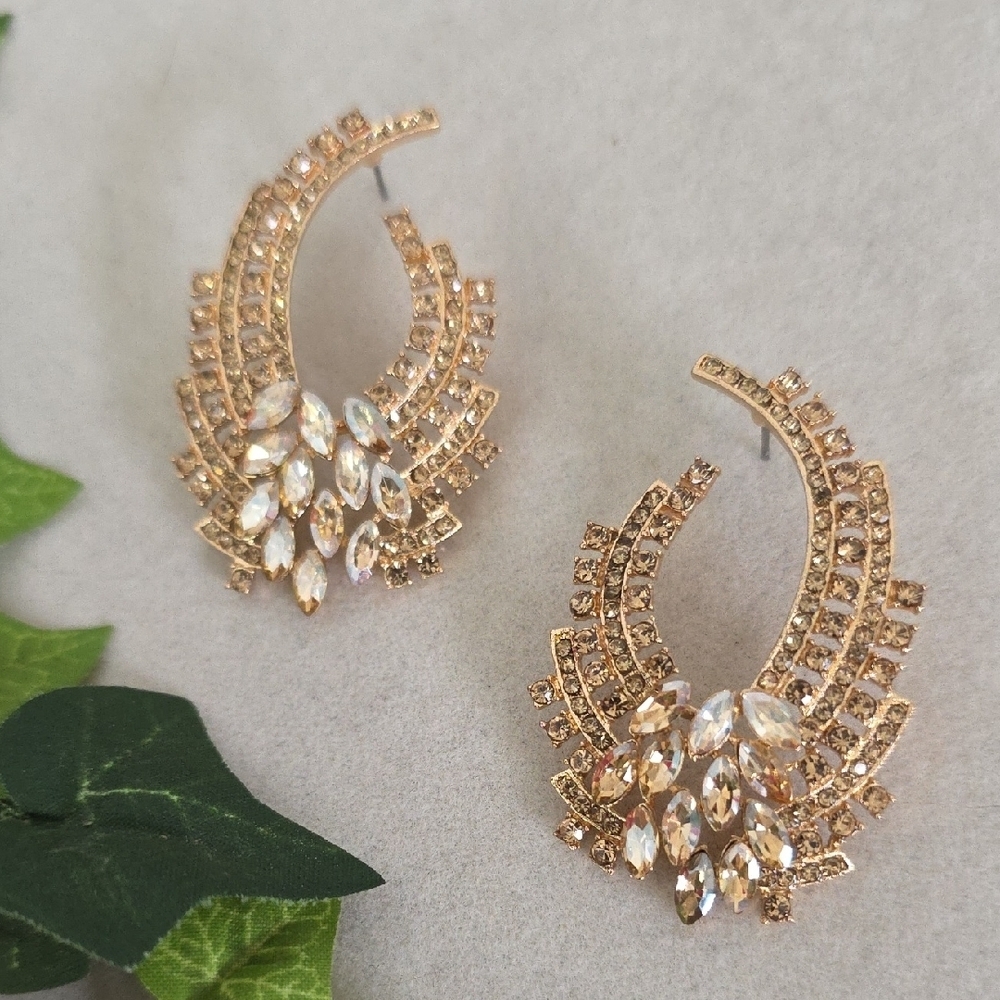 Gold with Champagne Rhinestone Statement Earrings